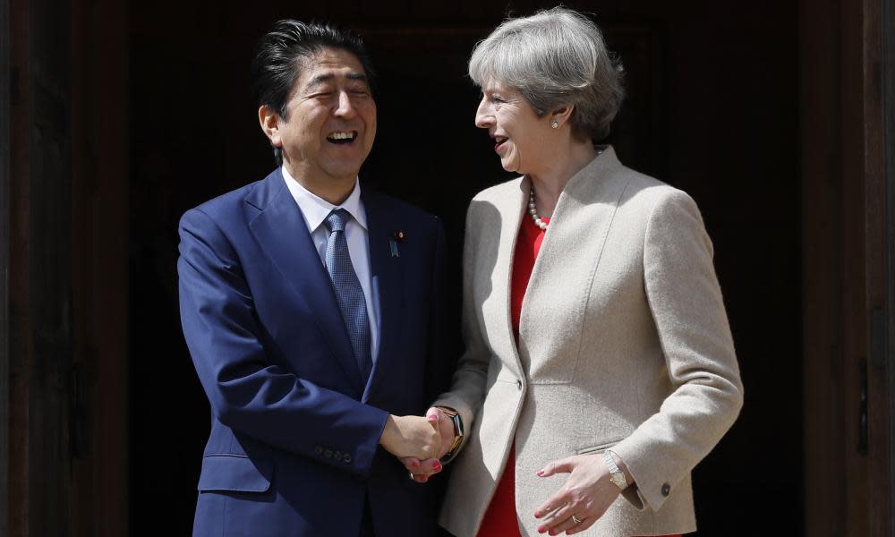 Shinzo Abe with Theresa May on a visit to the UK in April this year. 