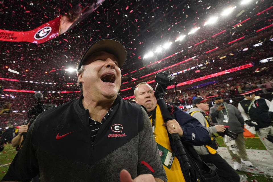 Georgia head coach Kirby Smart celebrates victory over TCUt after the national championship NCAA College Football Playoff game, Monday, Jan. 9, 2023, in Inglewood, Calif. Georgia won 65-7. (AP Photo/Ashley Landis)
