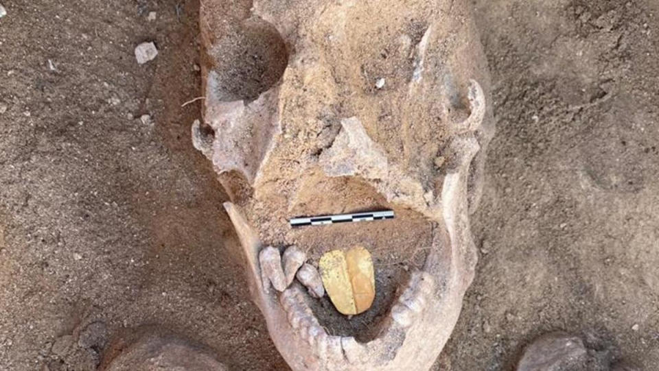 Archaeologists have discovered 16 new mummies in Egypt, some of which have golden, tongue-shaped amulets in their mouths.