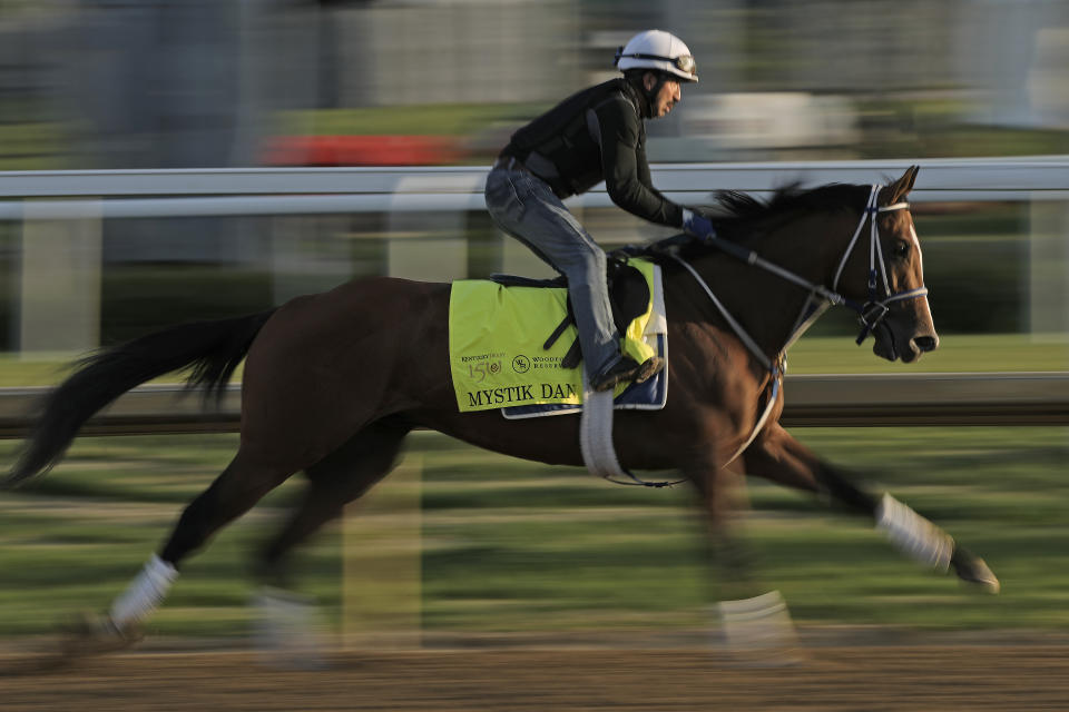 Kentucky Derby hopeful Mystik Dan works out at Churchill Downs Monday, April 29, 2024, in Louisville, Ky. The 150th running of the Kentucky Derby is scheduled for Saturday, May 4. (AP Photo/Charlie Riedel)