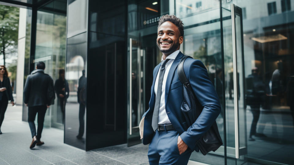 A smiling customer exiting the bank, indicating the customer's satisfaction with the bank's services.