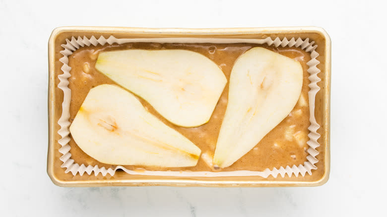 pear bread mixture in loaf pan