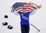 Ice Hockey - Pyeongchang 2018 Winter Olympics - Women's Gold Medal Final Match - Canada v USA - Gangneung Hockey Centre, Gangneung, South Korea - February 22, 2018 - Jocelyne Lamoureux-Davidson of the U.S. celebrates with the U.S. flag after their win. REUTERS/Brian Snyder TPX IMAGES OF THE DAY