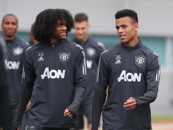 Tahith Chong and Mason Greenwood at Manchester United training (Manchester United via Getty)