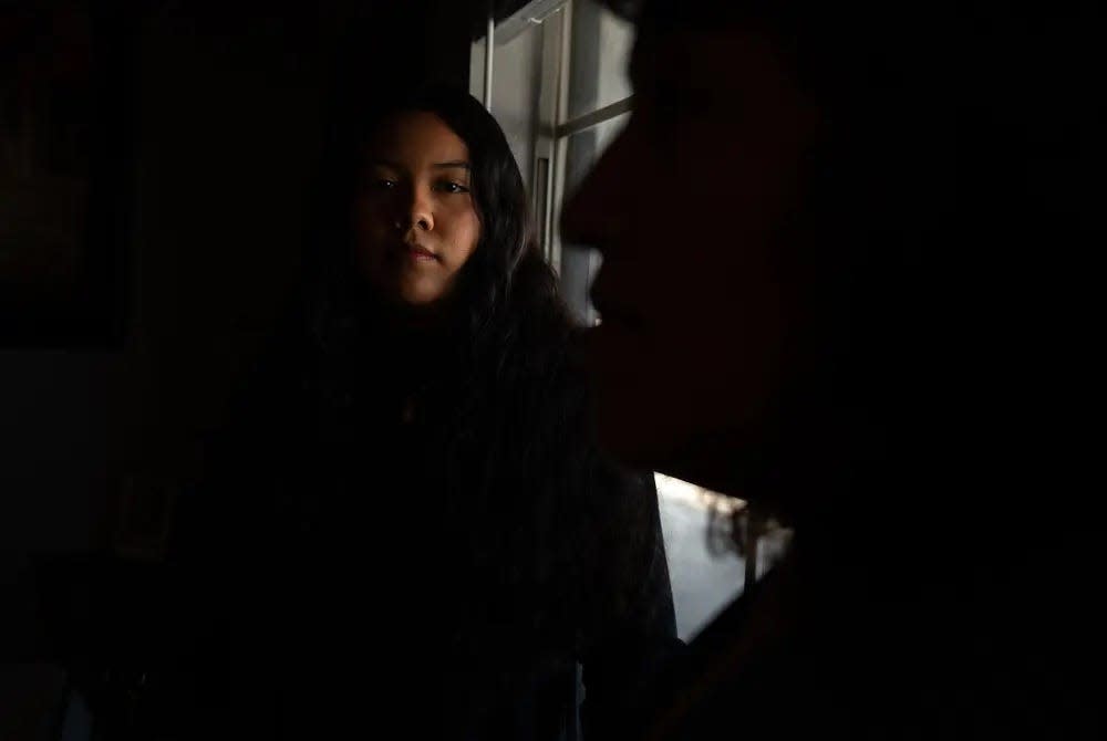 Diana Almaraz with her mother Guillermina in their home in Fort Worth on Jan. 28, 2024. Almaraz, 17, struggled to file her application for financial student aid because of a technical error that prevents parents without a Social Security number to verify their identity.
