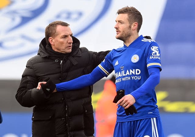 Brendan Rodgers, left, with Jamie Vardy