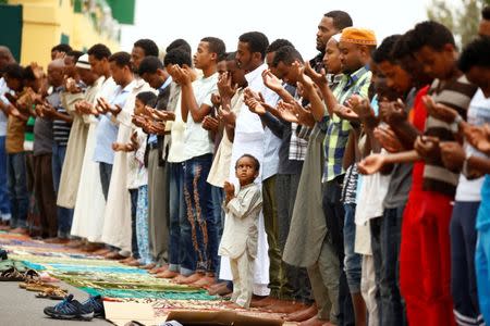 Muslim faithful take part in Friday (Jumaa) prayers within the walled city of Harar, Ethiopia, February 24, 2017. REUTERS/Tiksa Negeri