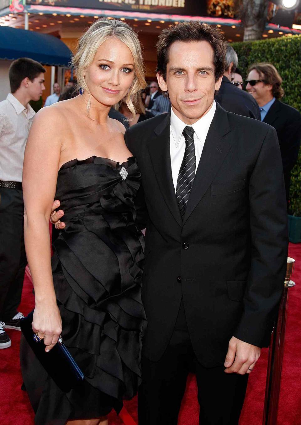 Christine Taylor (L) and actor Ben Stiller arrive on the red carpet of the Los Angeles Premiere of "Tropic Thunder" at the Mann's Village Theater on August 11, 2008 in Los Angeles, California