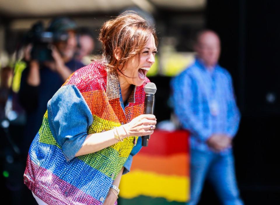 Sen. Kamala Harris greets the crowd at the annual Pride Parade at Civic Center on Sunday, June 30, 2019, in San Francisco, California. (Photo by Gabrielle Lurie/The San Francisco Chronicle via Getty Images)