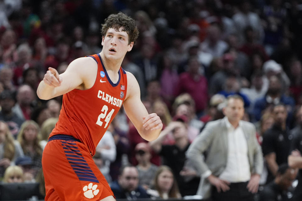 Clemson center PJ Hall (24) reacts after scoring against Alabama during the second half of an Elite 8 college basketball game in the NCAA tournament Saturday, March 30, 2024, in Los Angeles. (AP Photo/Ryan Sun)