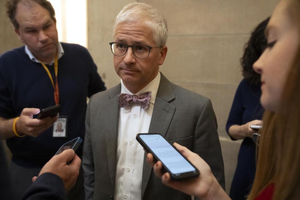 Rep. Patrick McHenry, R-N.C., talks to reporters hours before Rep. Kevin McCarthy, R-Calif., was ousted as Speaker of the House at the Capitol in Washington, Tuesday, Oct. 3, 2023. McHenry was named speaker pro tempore and will temporarily lead the House following McCarthy's ouster. (AP Photo/Mark Schiefelbein)