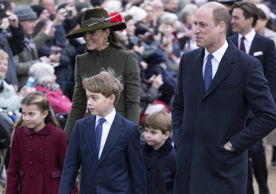 The Cambridge family, the Prince and Princess of Wales with their three children Prince George, Princess Charlotte and Prince Louis, at the Christmas Day service at St Mary Magdalene Church in 2022. (Getty Images)