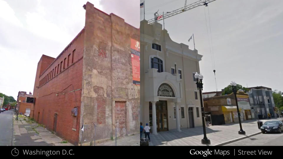 This illustration provided by Google highlights a new Google Maps Street View snapshots feature, which allow users to see what specific neighborhoods and landmarks looked like at different periods during the past seven years that Google Inc. has been dispatching camera-toting cars to take pictures for its maps. This image shows what the Howard Theater in Washington looked like in July 2009, left, and after renovation in May 2012, right. (AP Photo/Google)