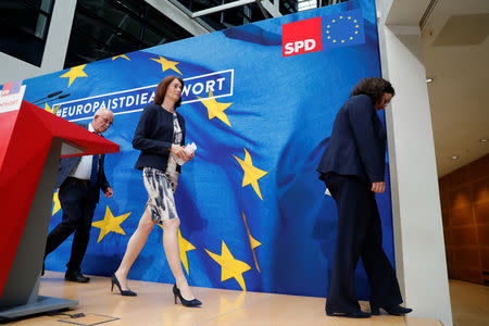 Andrea Nahles, leader of Germany's Social Democratic Party (SPD), top candidate Katarina Barley and MEP Udo Bullmann leave after a news conference following the European Parliament election results, in Berlin, Germany, May 27, 2019. REUTERS/Fabrizio Bensch