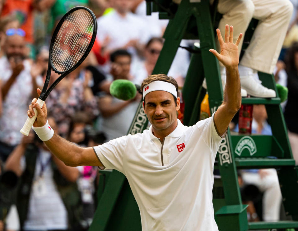 Roger Federer of Switzerland celebrates his victory over Rafael Nadal of Spain during Day 11 of The Championships - Wimbledon 2019 at All England Lawn Tennis and Croquet Club on July 12, 2019 in London, England. (Photo by TPN/Getty Images)