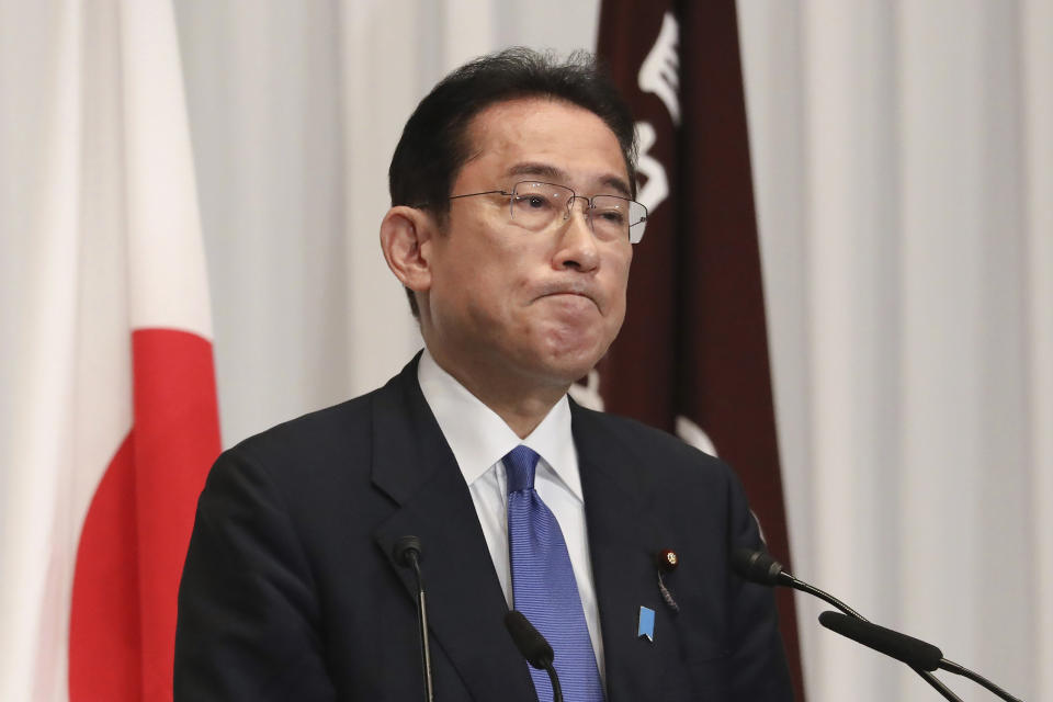 Japan’s former Foreign Minister Fumio Kishida attends a press conference at the headquarters of the Liberal Democratic Party after he was elected as party president in Tokyo Wednesday, Sept. 29, 2021. Kishida won the governing party leadership election on Wednesday and is set to become the next prime minister, facing the imminent task of addressing a pandemic-hit economy and ensuring a strong alliance with Washington to counter growing regional security risks. (Du Xiaoyi/Pool Photo via AP)