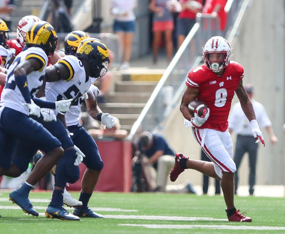 Wisconsin Badgers running back Jalen Berger runs the ball against Michigan on Saturday, Oct. 2, 2021 in Madison, Wis. Michigan won the game 38-17.