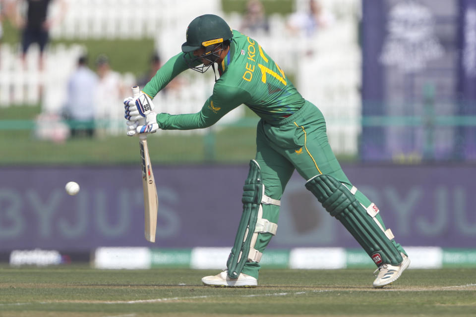 South Africa's Quinton de Kock bats during the Cricket Twenty20 World Cup match between South Africa and Australia in Abu Dhabi, UAE, Saturday, Oct. 23, 2021. (AP Photo/Kamran Jebreili )