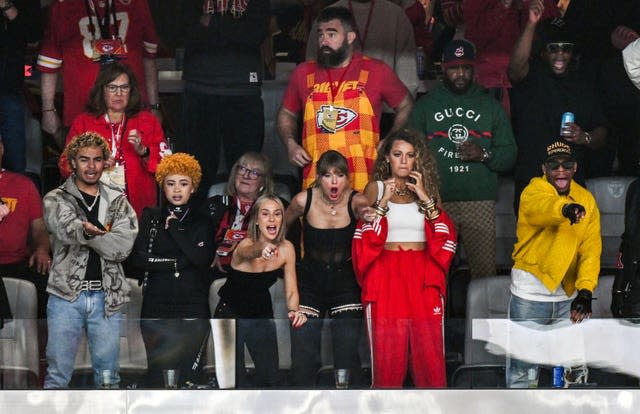 Ice Spice, Ashley Avignone, Jason Kelce (centre, second row) , Taylor Swift and Blake Lively attend Super Bowl LVIII