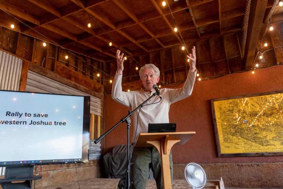 Brendan Cummings speaks during the Mojave Desert Land Trust's Save the Western Joshua Tree event at the nonprofit's headquarters in  Joshua Tree on Thursday, May 26, 2022.