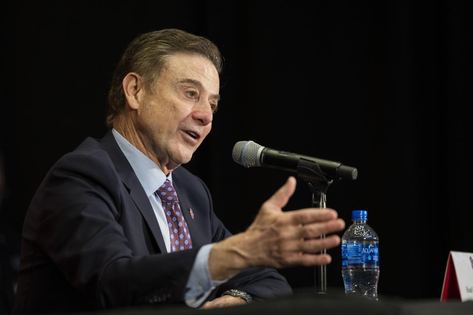 Rick Pitino speaks after being introduced as St. John's new men's NCAA college basketball head coach at Madison Square Garden in New York, Tuesday, March 21, 2023. (AP Photo/Corey Sipkin)