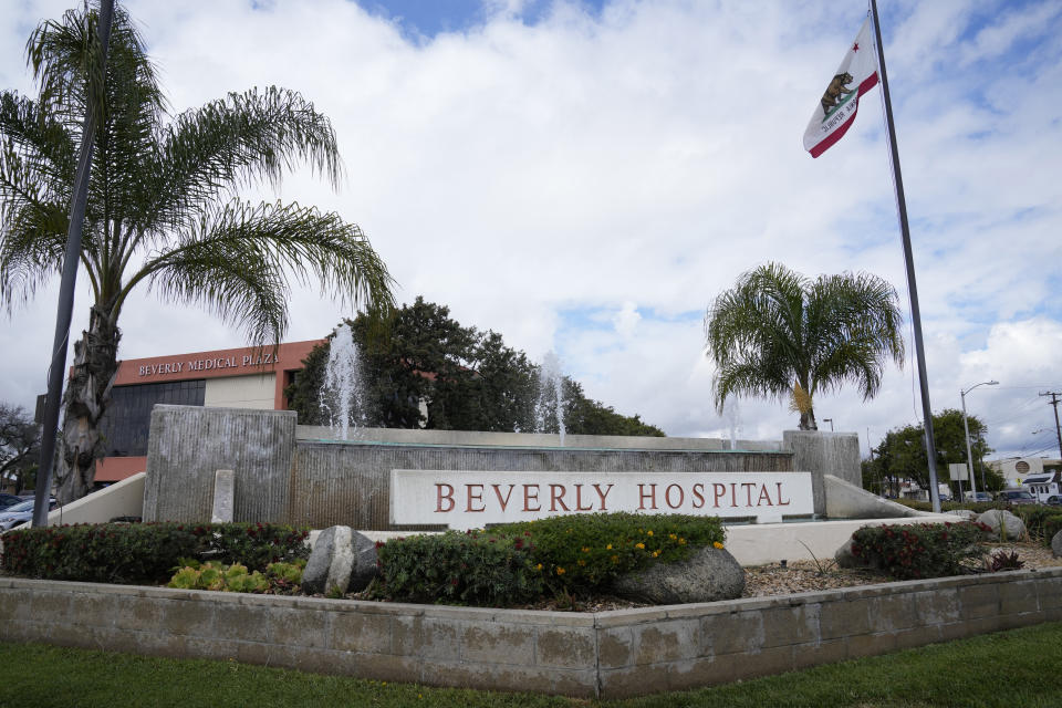 Fountains flow outside the Beverly Hospital, Thursday, May 4, 2023, in Montebello, Calif. Alarmed by the closure of a rural hospital earlier this year, California lawmakers on Thursday voted to loan $150 million to struggling medical centers in the hopes of preventing a cascade of similar failures across the state. (AP Photo/Ashley Landis)