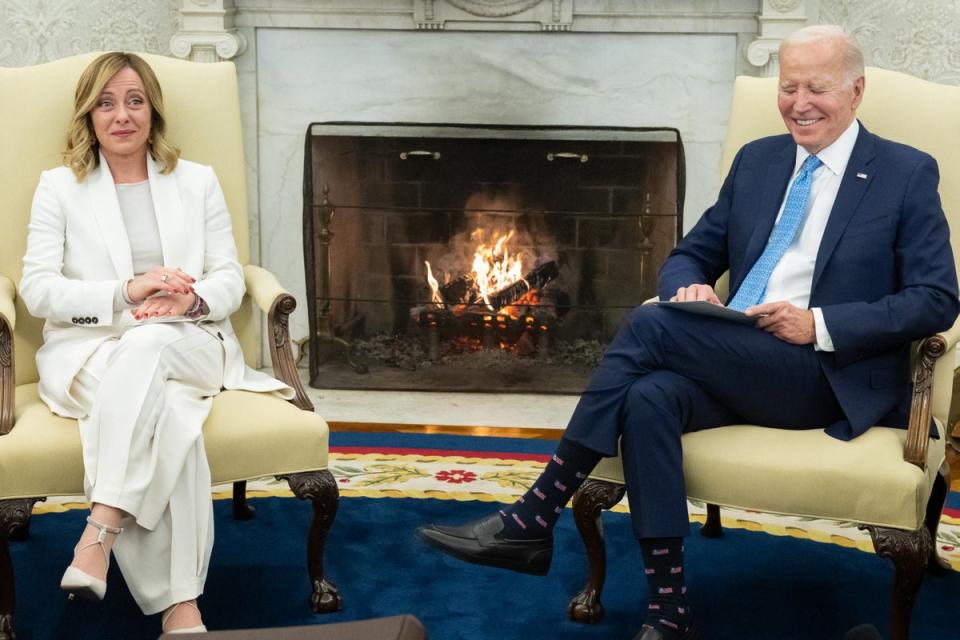 US President Joe Biden meets with Italian Prime Minister Giorgia Meloni in the Oval Office of the White House in Washington (AFP via Getty Images)