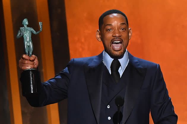 Will Smith accepts the award for Outstanding Performance by a Male Actor in a Leading Role for King Richard during the 28th annual Screen Actors Guild Awards at the Barker Hangar in Santa Monica, California, on Sunday. (Photo: PATRICK T. FALLON via Getty Images)