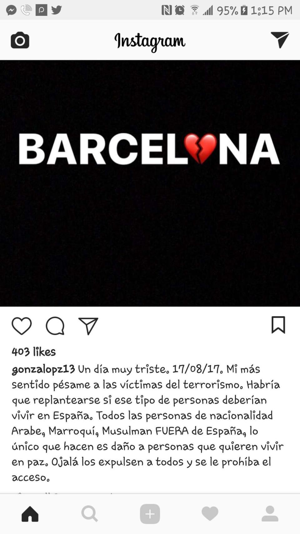 El actor Gonzalo Peña quiere que expulsen a todos los musulmanes de España, tras el ataque en Barcelona/ Gonzalo Peña / Instagram