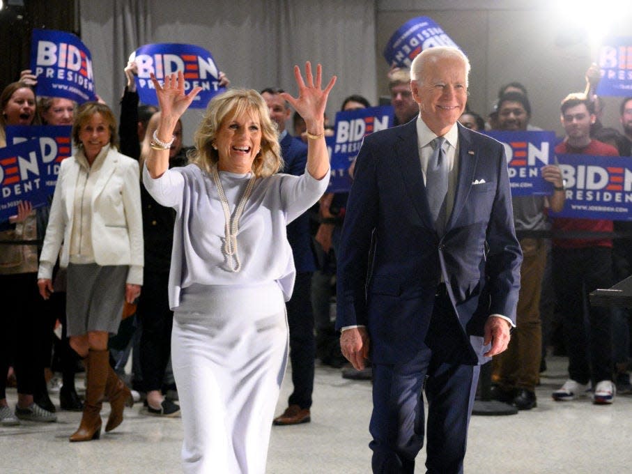 Joe and Jill Biden greet supporters and staffers at an event in Philadelphia, Pennsylvania, in 2020.