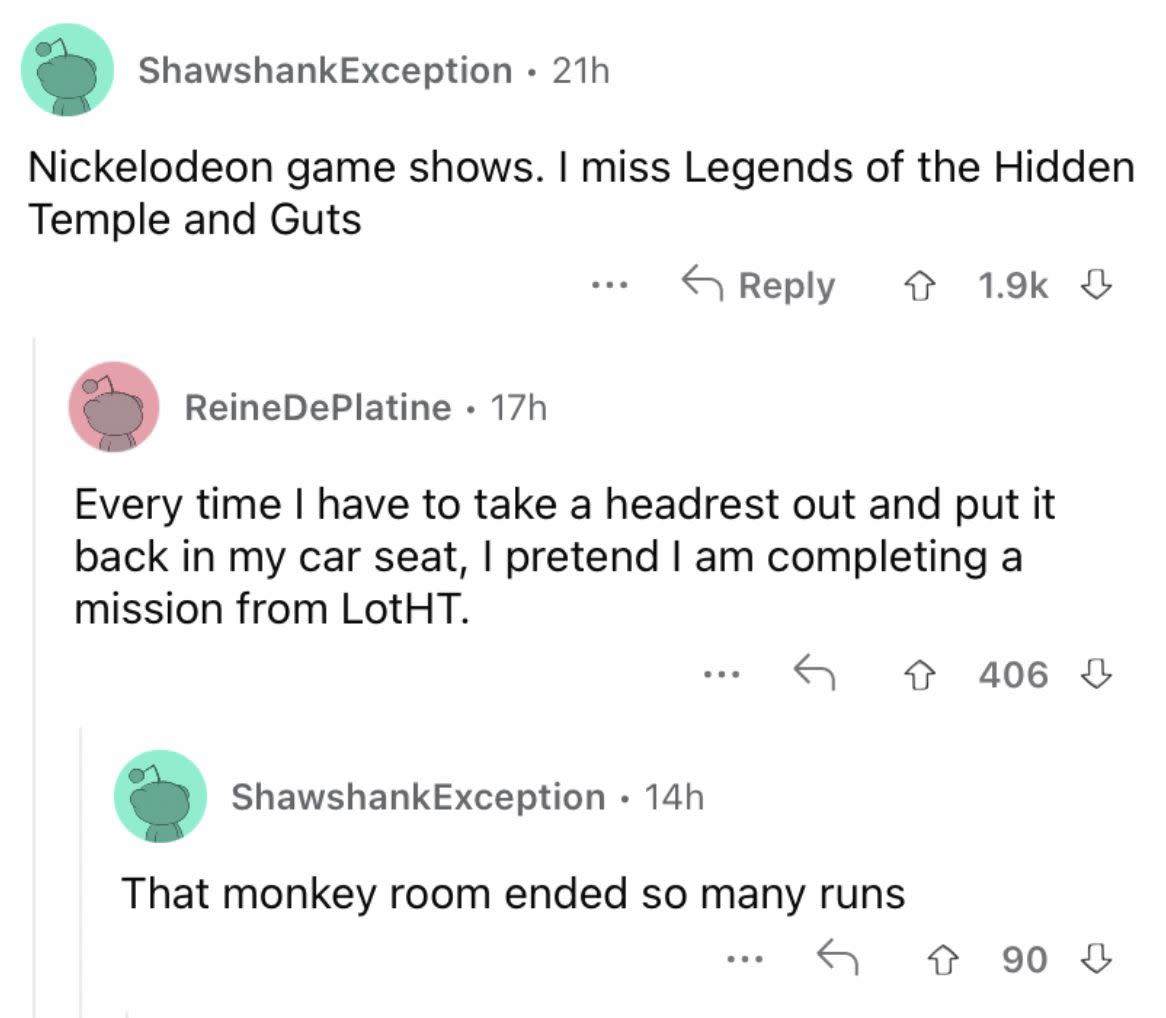Reddit screenshot about how Nickelodeon gameshows were wild.