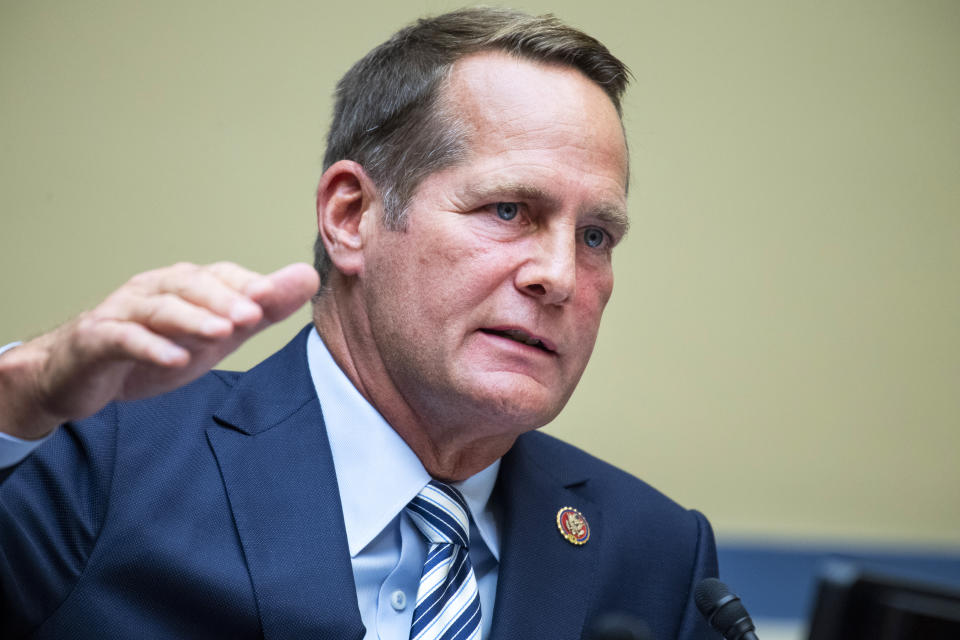 FILE - In this Aug. 24, 2020 file photo, Rep. Harley Rouda, D-Calif., questions Postmaster General Louis DeJoy during a House Oversight and Reform Committee hearing on the Postal Service on Capitol Hill in Washington. Rouda is facing a challenge from Republican Michelle Steel for his 48th Congressional District seat. California’s tarnished Republican Party is hoping to rebound in a handful of U.S. House races but its candidates must overcome widespread loathing for President Donald Trump and voting trends that have made the nation’s most populous state an exemplar of Democratic strength. (Tom Williams/Pool via AP, File)