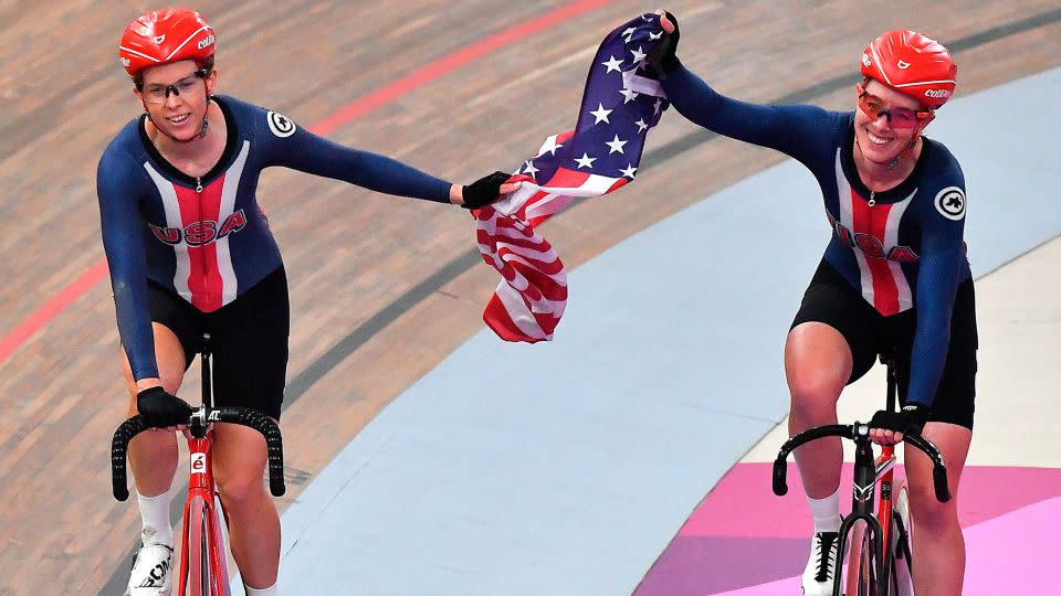 Birch (right) celebrates winning the women's madison event at the 2019 Panamerican Games in Peru. - Luis Acosta/AFP/Getty Images