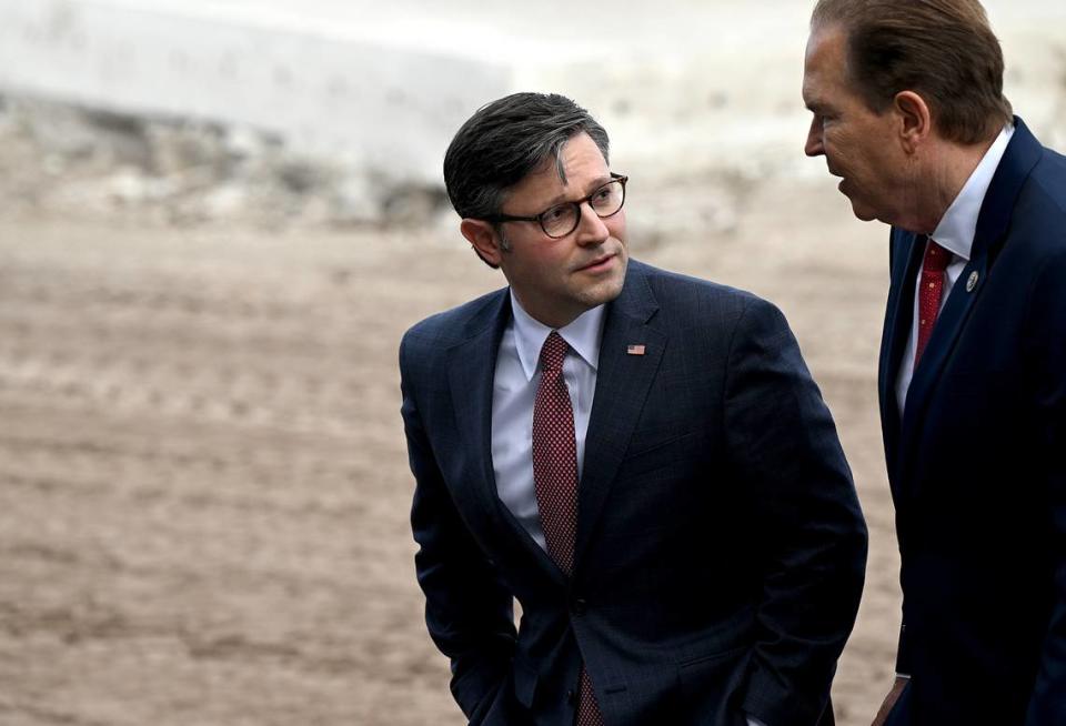 House Speaker Mike Johnson, R-La., with U.S. Congressman Vern Buchanan, R-Longboat Key, touring the construction site for the $70 million ground-level passenger terminal at Sarasota Bradenton International Airport.