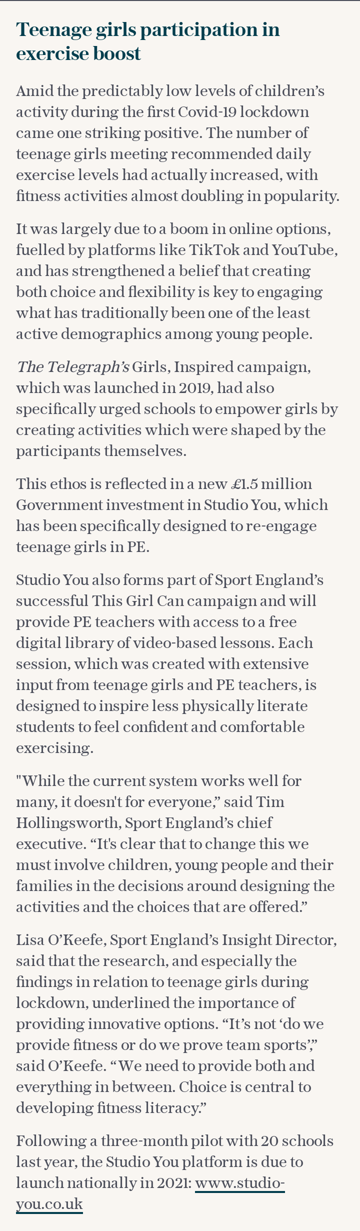 Teenage girls participation in exercise boost