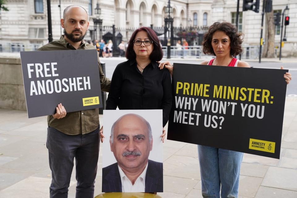 The daughter, top right, of a British-Iranian detained in Iran says her father will begin a hunger strike on Sunday due to the Foreign, Commonwealth and Development’s (FCDO) lack of ‘any progress’ in securing his release (Kirsty O’Connor/PA) (PA Wire)