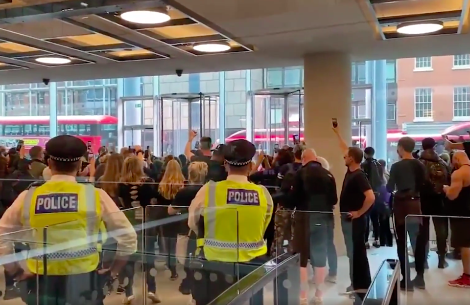 Dozens of protesters entered the ITN building in London. (Carl Nasman/Twitter)