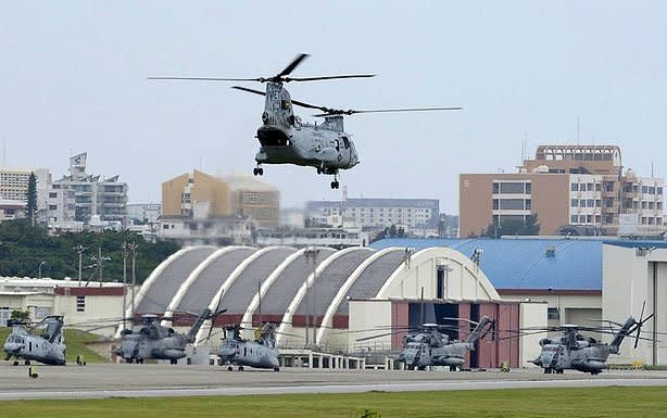 A US Marines' CH-46E helicopter takes off from the US Marine Corps Air Station Futenma in Ginowan, Okinawa prefecture in 2010