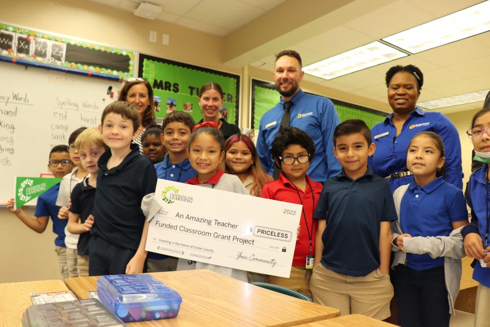 Teachers and students celebrate receiving a classroom grant from Champions for Learning in Collier County.