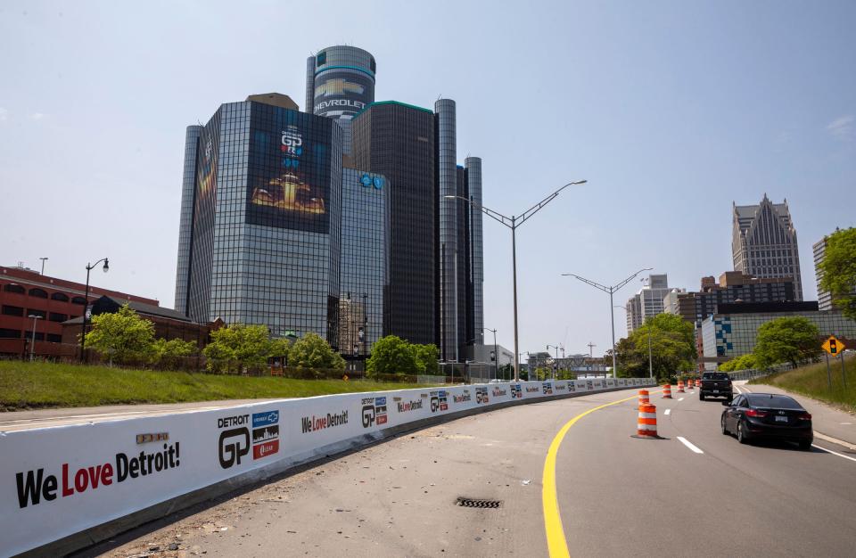 Orange plastic drums and delineator posts are spread through parts of Jefferson Avenue in preparation for the Detroit Grand Prix in downtown Detroit on Wednesday, May 24, 2023. 