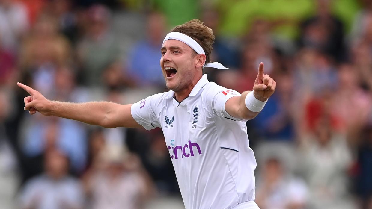  England bowler Stuart Broad celebrates ahead of the 1st Test of the 2023 Ashes series. 