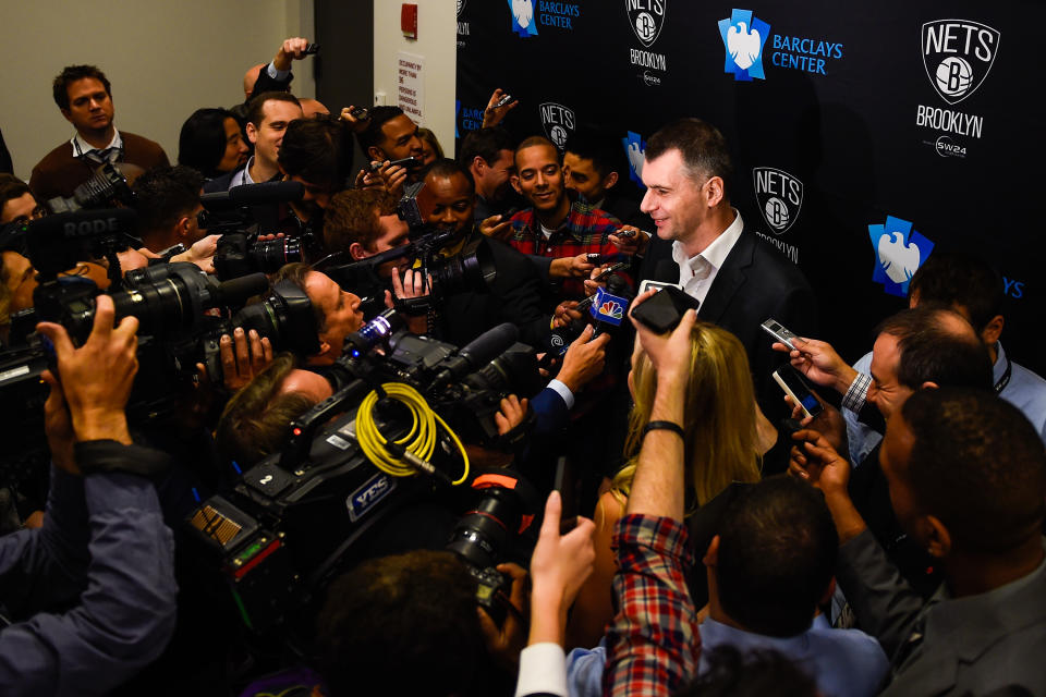 NEW YORK, NY - NOVEMBER 03:  Brooklyn Nets owner Mikhail Prokhorov speaks to the media before a game between the Brooklyn Nets and Oklahoma City Thunder at the Barclays Center on November 3, 2014 in the Brooklyn borough of New York City. NOTE TO USER: User expressly acknowledges and agrees that, by downloading and/or using this photograph, user is consenting to the terms and conditions of the Getty Images License Agreement.  (Photo by Alex Goodlett/Getty Images)