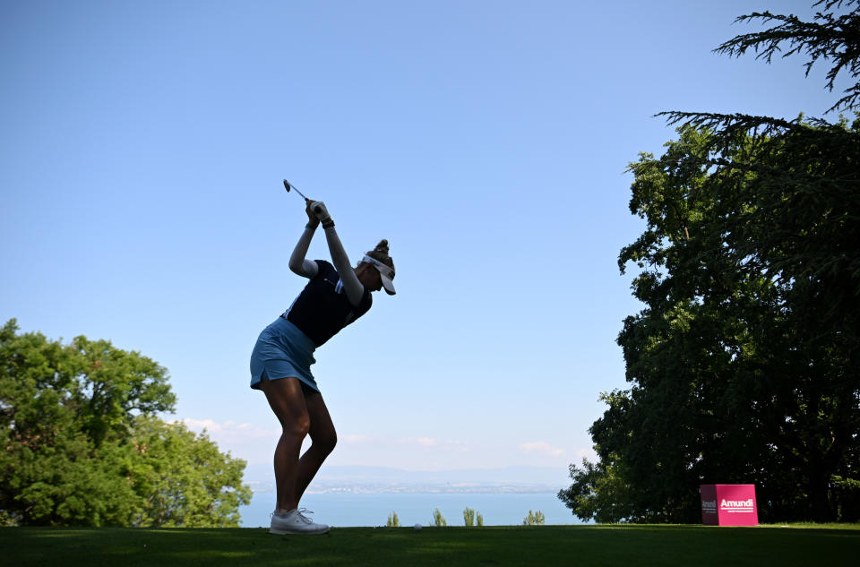 Jessica Korda of The United States tees off on the 2nd hole on day one of The Amundi Evian Championship at Evian Resort Golf Club on July 21, 2022 in Evian-les-Bains, <a class="link " href="https://sports.yahoo.com/soccer/teams/france-women/" data-i13n="sec:content-canvas;subsec:anchor_text;elm:context_link" data-ylk="slk:France;sec:content-canvas;subsec:anchor_text;elm:context_link;itc:0">France</a>. (Photo by Stuart Franklin/Getty Images)