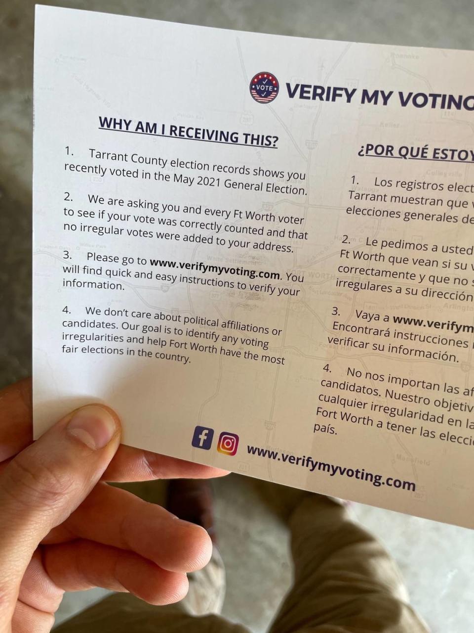 Some Fort Worth residents have received pamphlets asking them to verify their vote on a non-secure website and county officials are advising against it. 