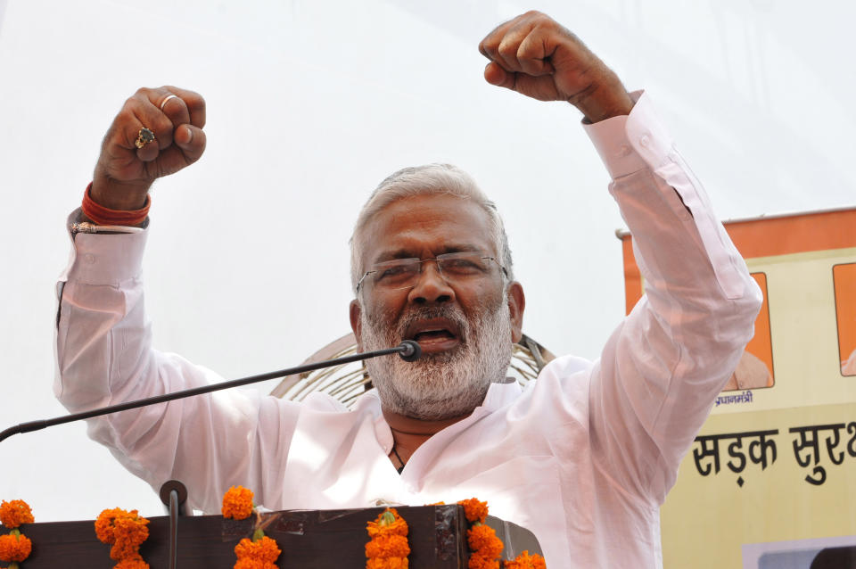 NOIDA, INDIA - JUNE 19: Uttar Pradesh Transport Minister Swatantra Dev Singh addresses a gathering in Sector 32 during the ongoing road safety week, on June 19, 2019 in Noida, India. He urged people to follow traffic rules and wear helmet for safety. (Photo by Sunil Ghosh/Hindustan Times via Getty Images)