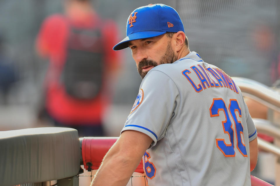 gATLANTA, GA  JUNE 17:  New York Mets manager Mickey Callaway (36) looks out rom the dugout during the game between the Atlanta Braves and the New York Mets on June 17th, 2019 at SunTrust Park in Atlanta, GA. (Photo by Rich von Biberstein/Icon Sportswire via Getty Images)