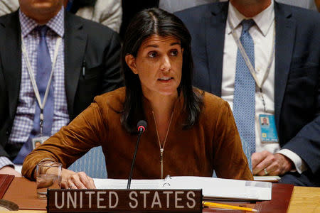 U.S. Ambassador to the United Nations Nikki Haley speaks for a bid to renew an international inquiry into chemical weapons attacks in Syria, during a meeting of the U.N. Security Council at the United Nations headquarters in New York, U.S., November 17, 2017. REUTERS/Brendan McDermid