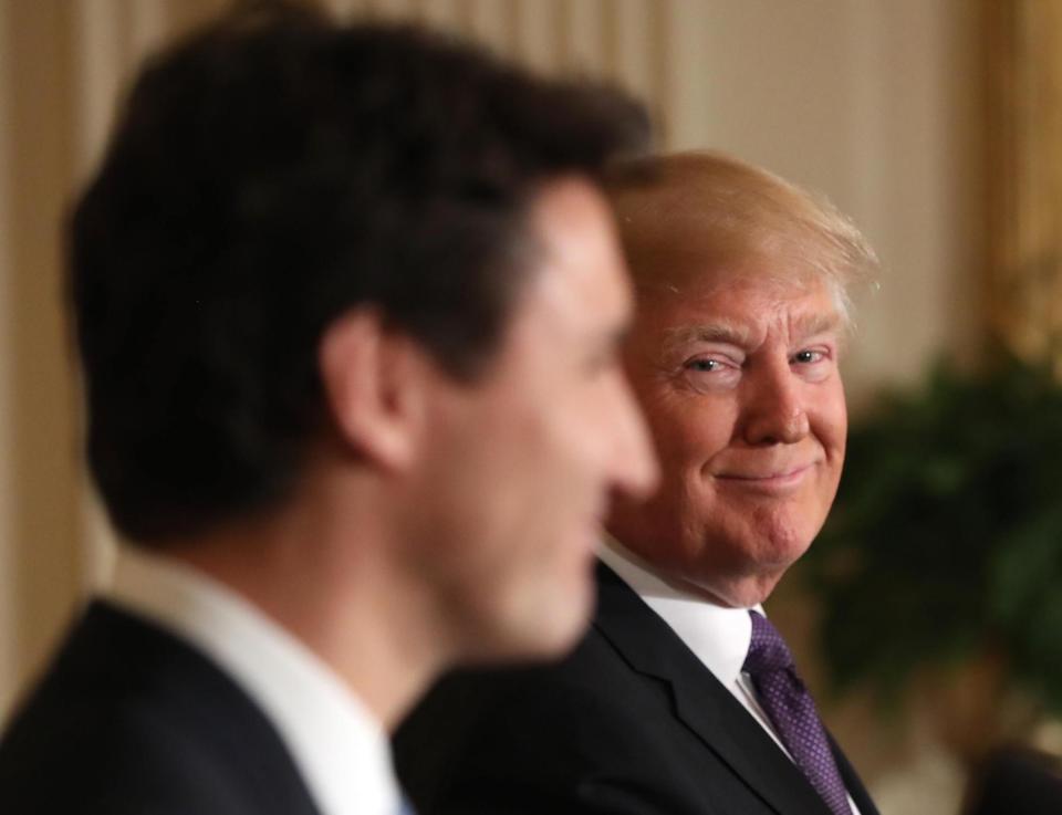 Neighbouring countries: Donald Trump and Justin Trudeau held a joint press conference (AP)