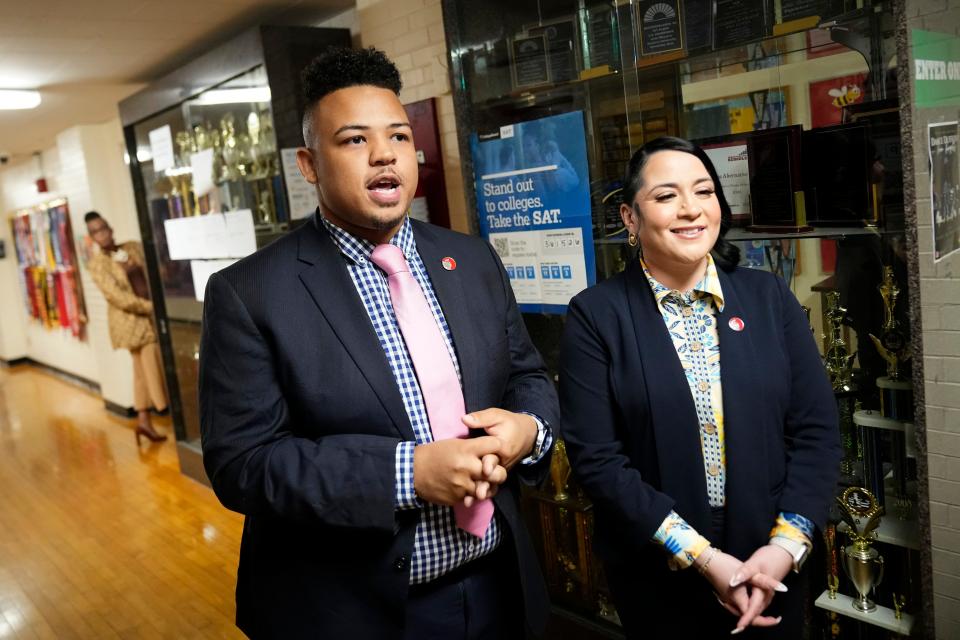 Columbus City Schools board member Brandon Simmons and board president Christina Vera lead a tour of Columbus Alternative High School on May 14, 2024. The building is included on a proposal of potential closures for the district.