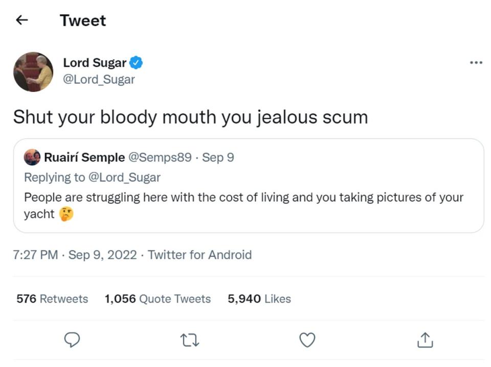 The tweet in question, sent from Alan Sugar’s Twitter account (Alan Sugar via Twitter)